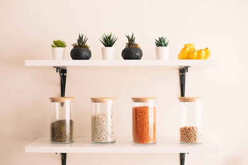 Four glass jars of green lentils, white beans, red lentils and chickpeas on a white shelf below small potted succulents