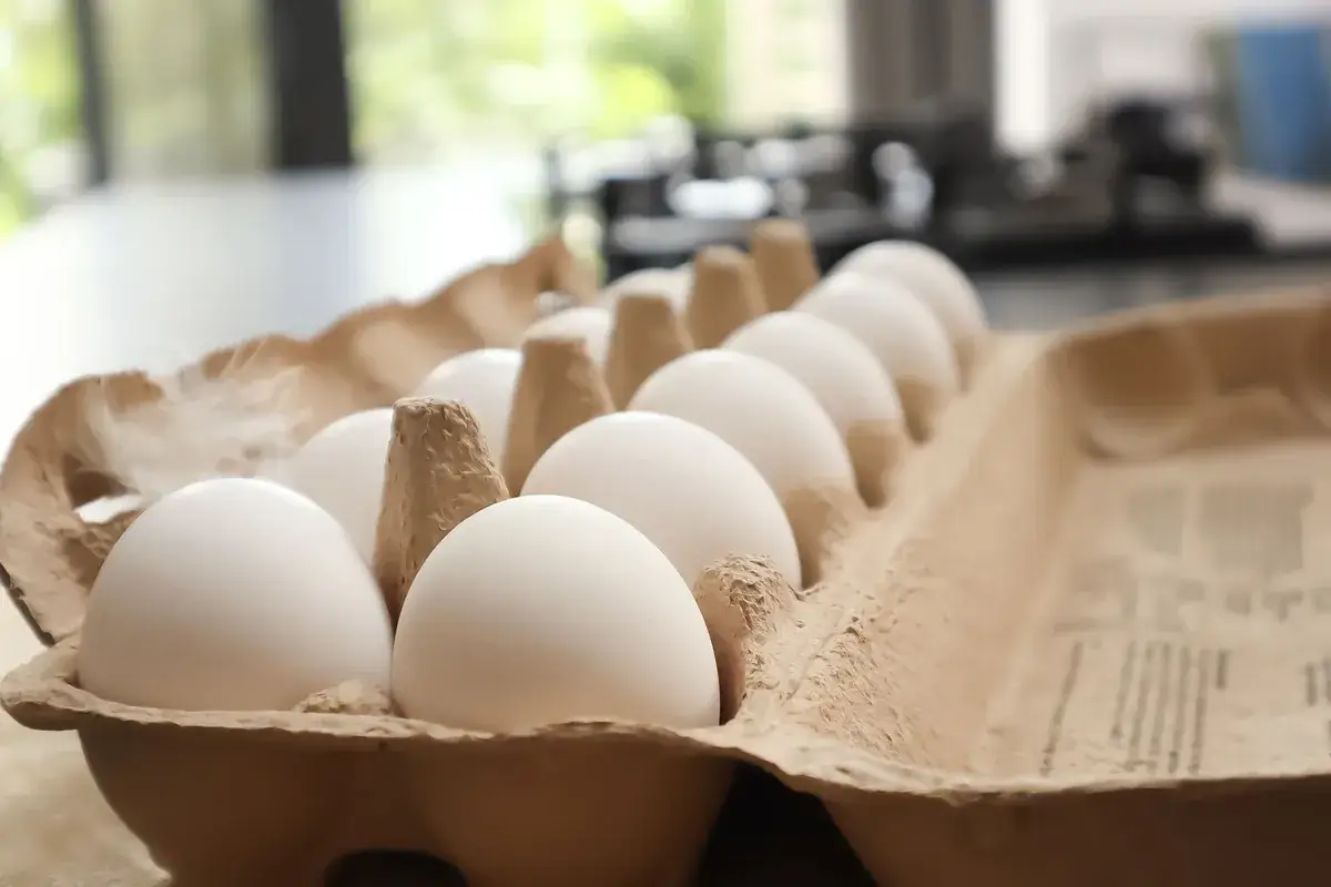 Open cardboard egg box on a worktop with white eggs and a small feather, blurred garden light behind