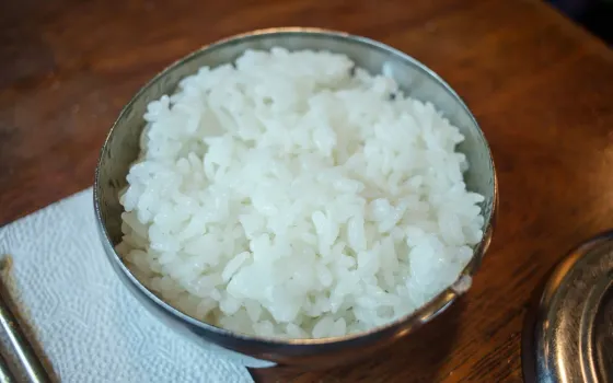 Steel bowl of plain white rice on a dark wooden table beside a folded paper napkin