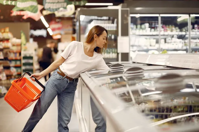 Woman leaning over an open chest freezer in a supermarket, holding an orange shopping basket